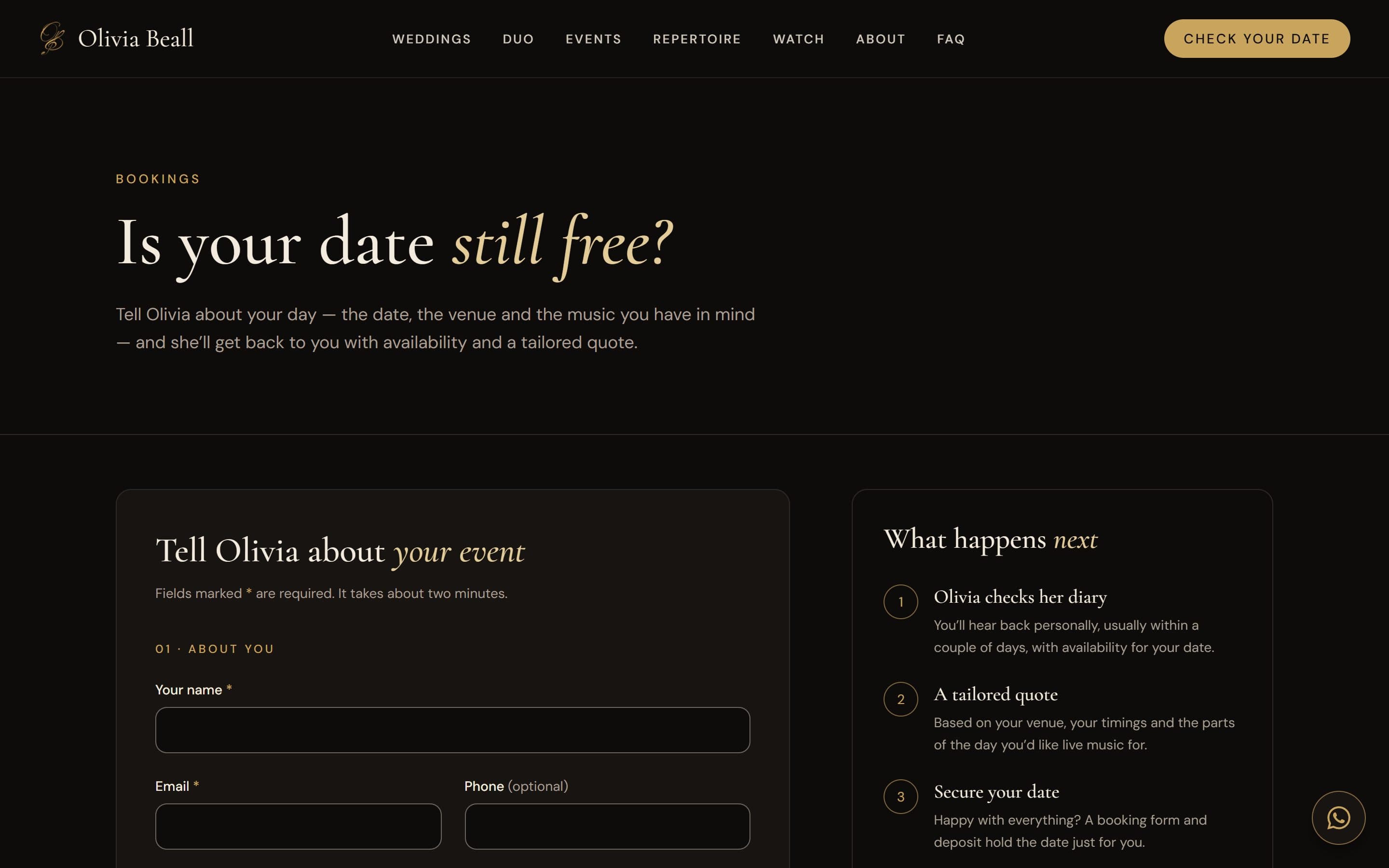 Booking page — “Is your date still free?” Couples send an enquiry in about two minutes.