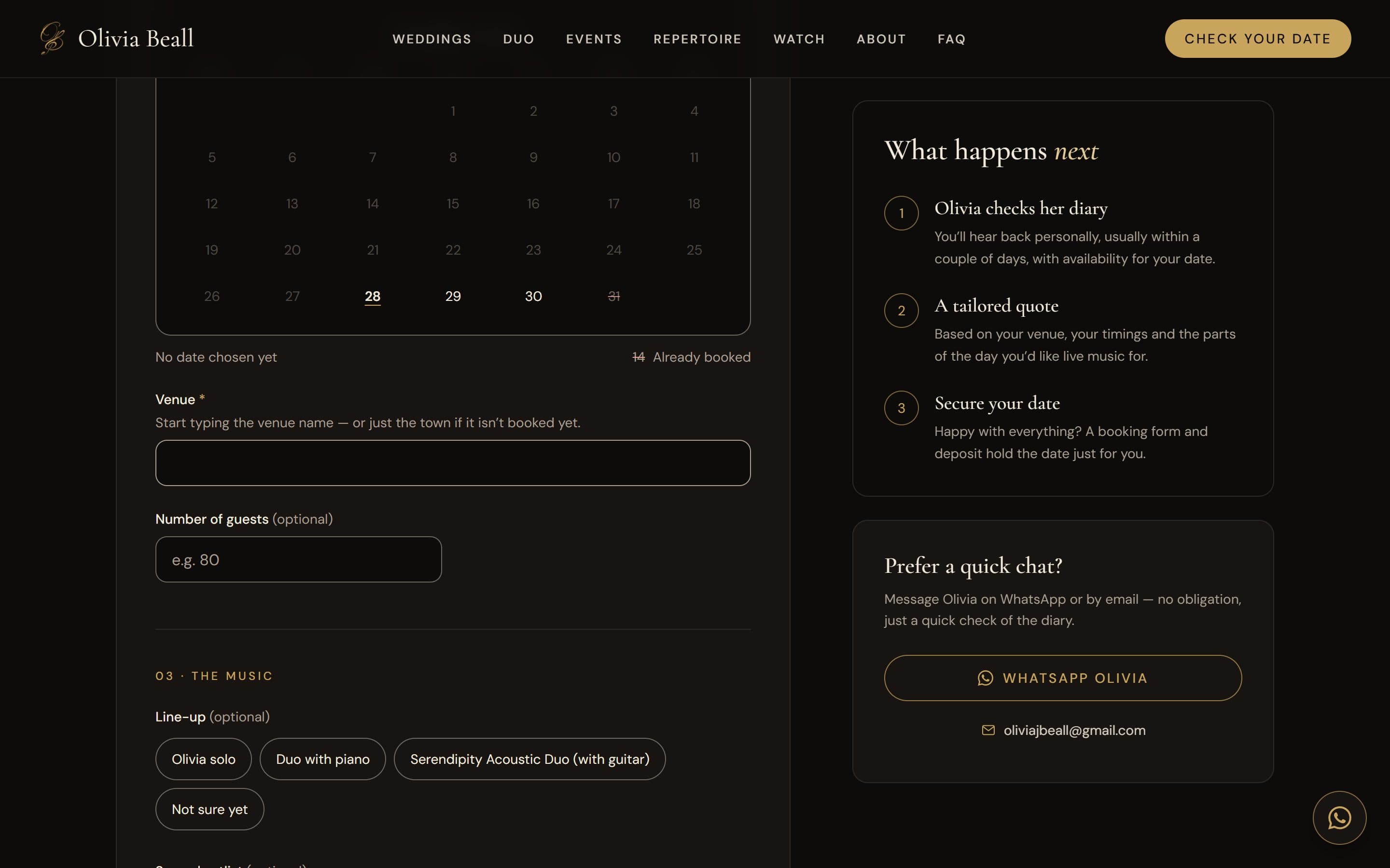 Availability calendar — booked dates are crossed out, set by Olivia in the admin panel.