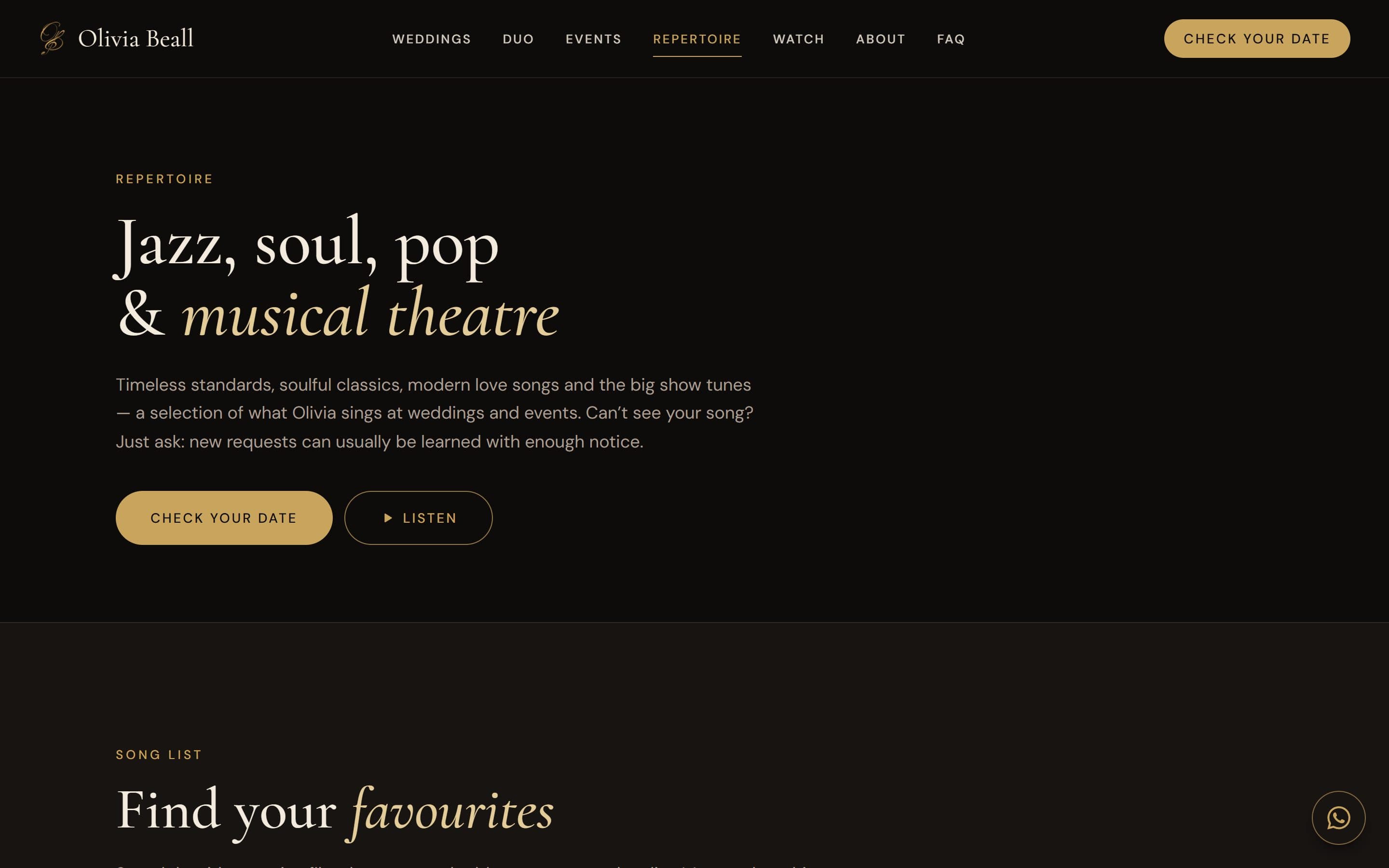 Repertoire — jazz, soul, pop and musical theatre picks for couples.